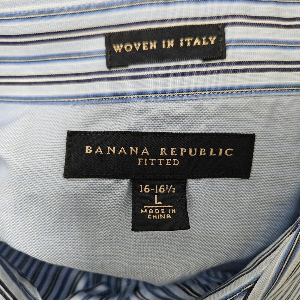Banana Republic Dress Shirt Mens Lg Blue Striped Fitted Woven In Italy Cotton LS